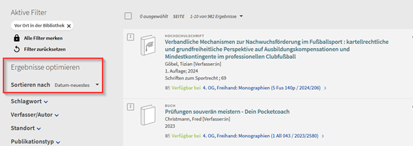Bildausschnitt Ergebnisliste sortieren