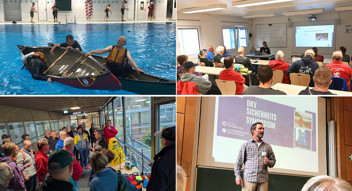 Personen in Kanus auf dem Wasser, im Hörsaal und im Seminarraum