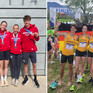 Vier Personen in Sportkleidung präsentieren ihre Bronzemedaillen, auf einem zweiten Bild halten sie gemeinsam die deutsche Flagge hoch.