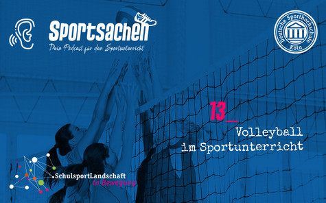 Im Hintergrund: Volleyballspielerinnen springen mit ausgestreckten Armen ans Netz, Titel mit weißer Schrift "Volleyball in der Schule"